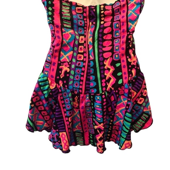 VTG 80’s Hobie One Piece Colorful Swimsuit Ruffle Peplum Bodice 18 Runs Small - Picture 2 of 6